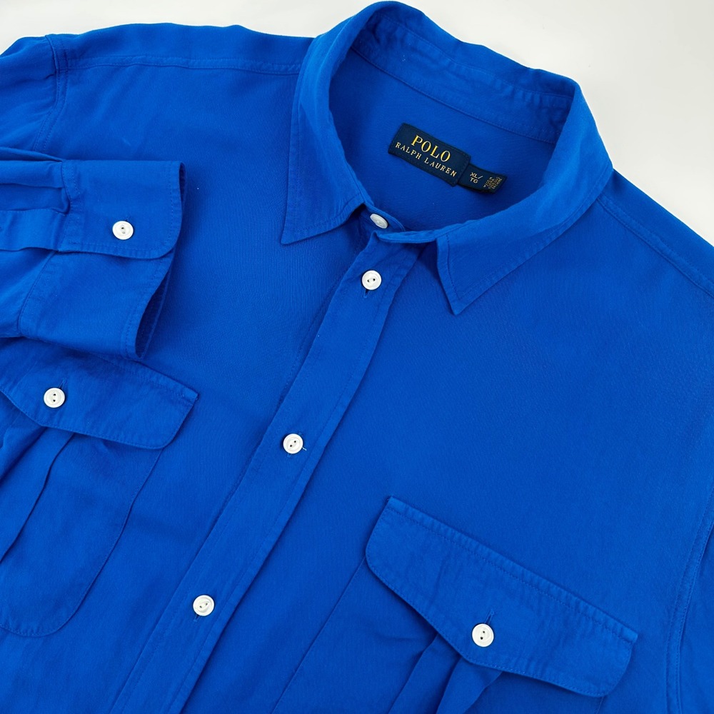 Polo Ralph Lauren Button Up Mens XL Blue Viscose Long Sleeve Pocket Shirt